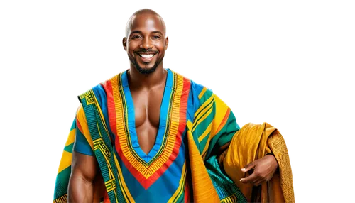 African man, South African, muscular, athletic build, dark skin, shaved head, thick beard, bright smile, colorful traditional clothing, patterned dashiki, golden jewelry, strong facial features, promi