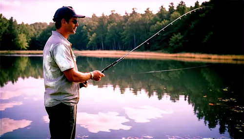 Fishing scene, serene lake, calm waters, sunny day, few clouds, solo fisherman, middle-aged man, casual clothing, baseball cap, sunglasses, holding fishing rod, reel, line cast into water, slight ripp