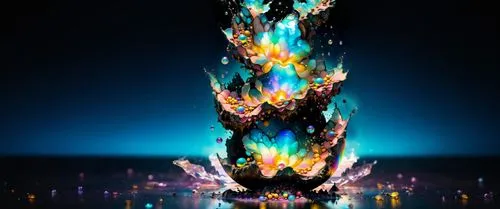 пусто,colorful objects sitting on top of a surface in the dark,elemental,geyser,lava lamp,splash photography,fire and water,light art