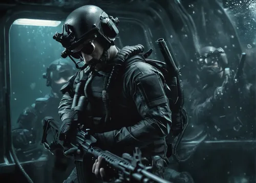 aquanaut,marine,operator,sci fi,sea scouts,submersible,scuba,sci fiction illustration,deep sea diving,swat,cg artwork,special forces,mercenary,rifleman,paratrooper,lost in war,scifi,infantry,underwater background,marine tank,Illustration,Realistic Fantasy,Realistic Fantasy 19