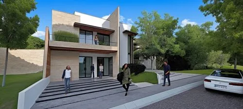 DISEÑO EXTERIOR DE UNA CASA ESTILO RESIDENCIAL, CON MUROS CON MARMOL TRAVERTINO Y MUROS EN COLOR BLANCO Y GRIS, AÑADE AUTOS, PERSONAS Y VEGETACIÓN,CORRECCION DE ERRORES, FOTOGRAFIA HIPERREALISTA,three