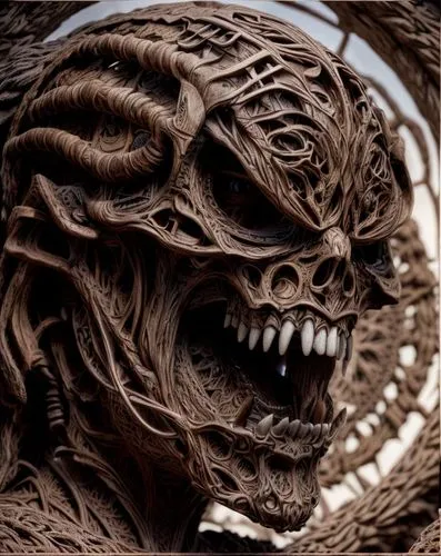 barong,krampus,wood carving,fractalius,carved wood,gorgon,teeth,wooden mask,flesh eater,door knocker,carved,scrap sculpture,webbing,snarling,supernatural creature,mandelbulb,sculpt,demon,hag,dark art