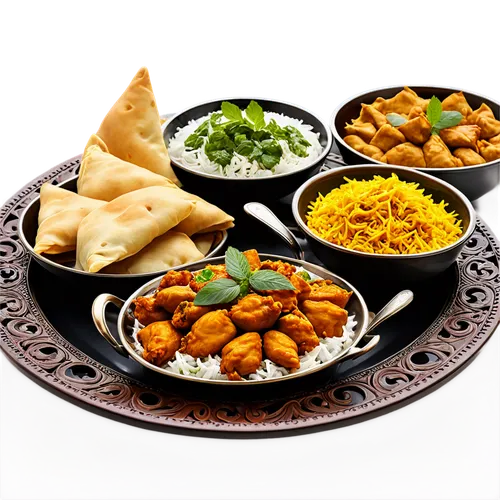 Colorful Indian food, various dishes, steaming hot, aromatic spices, basmati rice, naan bread, tandoori chicken, biryani, samosas, papadum, mint chutney, cilantro garnish, golden brown crispy onions, 