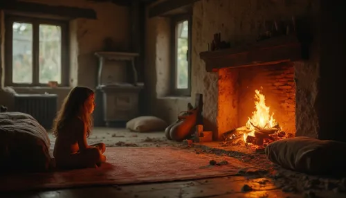 Make the fire move with a fixed camera that doesn't move,a woman sitting on a rug next to a fireplace,fireplace,log fire,fireplaces,fire place,fire in fireplace,coziness