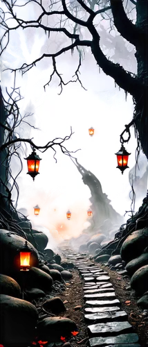 lanterns,pathway,hollow way,halloween background,the path,fairy lanterns,the mystical path,forest path,path,paths,wooden path,fantasy landscape,streetlamps,lamplight,walkway,dusk background,street lantern,street lamps,birch alley,pathways,Conceptual Art,Fantasy,Fantasy 34