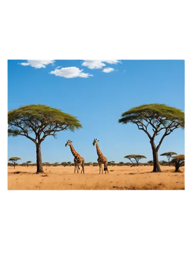 African savanna landscape, sunny day, clear blue sky, few white clouds, acacia trees, tall grasses, dry earth, rocky outcrops, giraffes in distance, elephants roaming freely, warm lighting, high contr