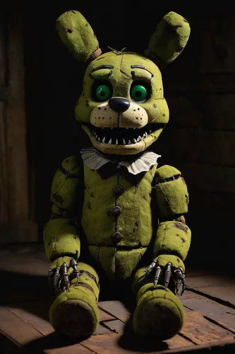 plushtrap, sitting, (2ft tall), animatronic, green eyes, sharp teeth, torn ears, furry texture, rusty metal, springtrap design, miniature version, creepy smile, action pose, dilapidated room, scattere