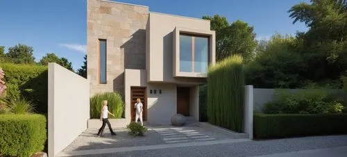 CASA ESTILO MINIMALISTA UBICADA, COMBINANDO LOS COLORES VIBRNTES DE LA ARQUITECTURA MEXICANA Y LA PIEDRA DE RECINTO,  EN UN FRACCIONAMIENTO CON VEGETACIÓN EXUBERANTE, PERSONAS,ARBOLES, PALMERAS, CORRE