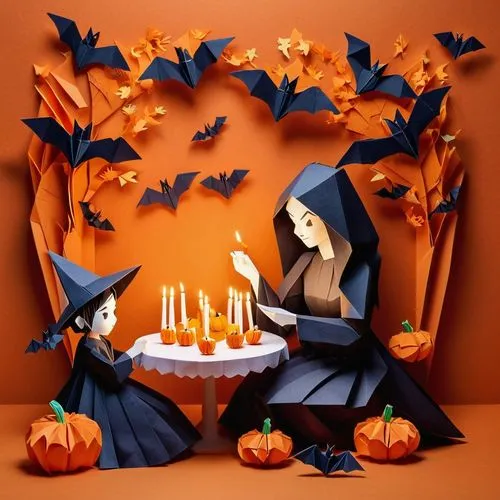 A beautiful woman prepares children for Halloween in a cozy room decorated with themed elements: pumpkins, cobwebs, bats and candles. Children are looking forward to the holiday with joy; sweets and s