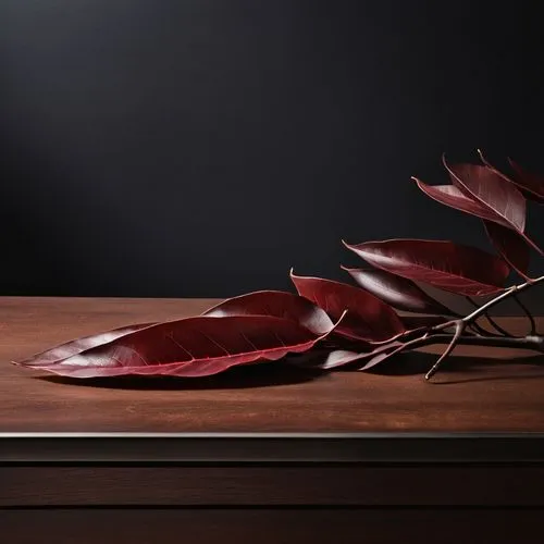 ikebana,still life photography,wood and leaf,nakaya,red leaf,wooden background