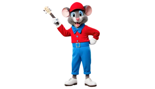 Chuck E Cheese, anthropomorphic mouse, red hat, blue shirt, white gloves, microphone, cheerful expression, bright eyes, shiny fur, standing pose, one leg bent, holding guitar, colorful background, sof