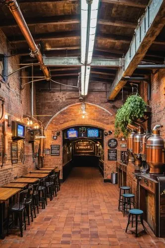 Brewery, industrial architecture, brick exterior, wooden beams, metal pipes, copper kettles, stone foundation, stained glass windows, ivy climbing walls, rustic doors, dim interior lighting, warm atmo