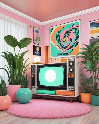 Retro 90s interior, nostalgic ambiance, vibrant color scheme, bold geometric patterns, neon lights, lava lamp, old TV set, VHS player, cassette tapes, fluffy carpet, wooden paneling, vintage posters, 