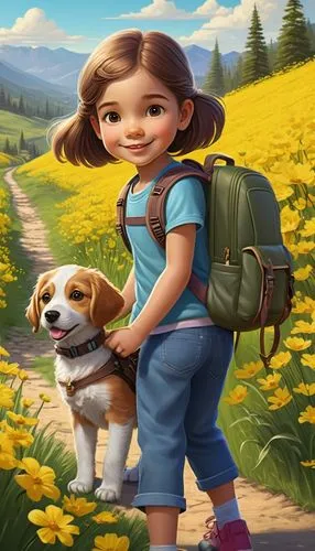 Prompt: An incredibly charming little girl carrying a backpack, accompanied by her adorable puppy, enjoying a lovely spring outing surrounded by beautiful yellow flowers and natural scenery. The illus