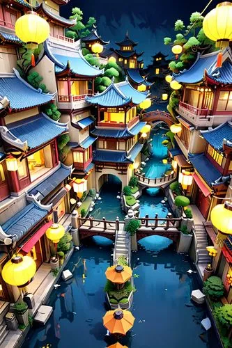 popeye village,koi pond,escher village,korean folk village,floating islands,fenghuang,fantasy city,lagoon,bird kingdom,mid-autumn festival,fairy village,kanto,jinchuan,japanese zen garden,lily pond,qingcheng,pond,fishing village,3d render,aurora village,Anime,Anime,Traditional