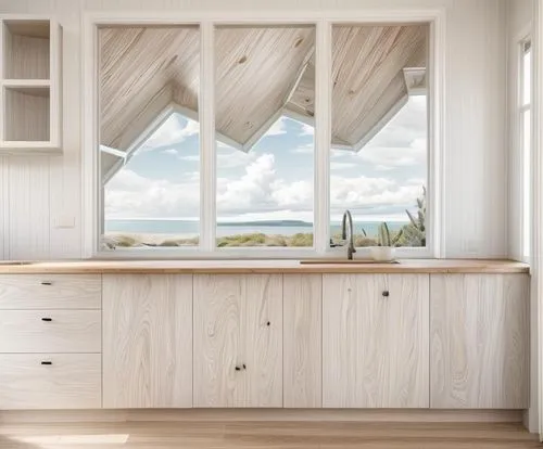 window with sea view,wooden sauna,wooden windows,danish furniture,cabinetry,wood window,wood and beach,scandinavian style,sideboard,kitchen cabinet,danish room,storage cabinet,window blind,dressing table,kitchen design,sash window,bathroom cabinet,cabinets,dresser,beach hut