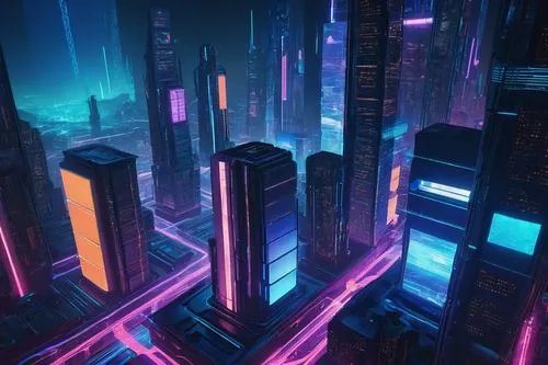 Cyberpunk, futuristic, high-tech, complex system architecture, abstract digital landscape, 3D visualization, neon lights, circuits, wires, motherboards, servers, mainframes, routers, switches, fiber o