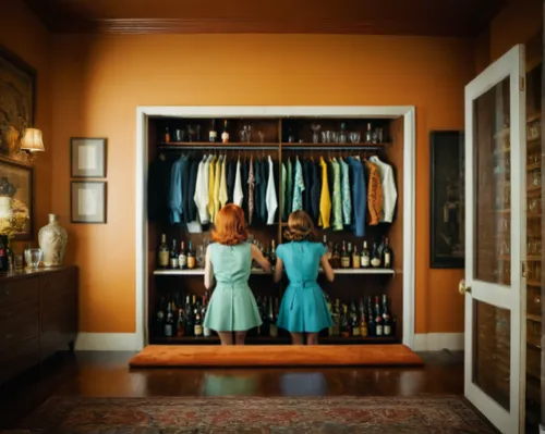 vintage closet packed with alcohol.,walk-in closet,women's closet,china cabinet,armoire,wardrobe,pantry,woman hanging clothes,closet,lisaswardrobe,teal and orange,the consignment,laundry shop,laundry 