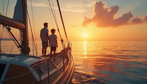 Breathtaking sunset scene over a calm sea, a 6 years old boy stands next to his father in on the bow of a classing wooden sailboat, looking out in wonder




,two people on the deck of a sail boat loo