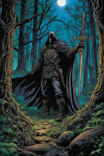 doctor doom,grimm reaper,heroic fantasy,hooded man,grim reaper,woodsman,vader,the wanderer,forest man,reaper,darth vader,quarterstaff,cloak,scythe,wolfman,assassin,dance of death,ranger,druid,death god,Illustration,American Style,American Style 03