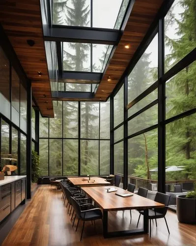 Modern Pacific Northwest architecture firm, sleek glass building, wooden accents, large windows, natural light pouring in, greenery surrounding, dense forest background, misty atmosphere, fog rolling 