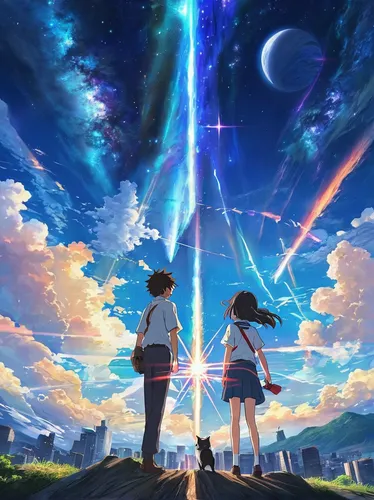 star sky,travelers,beam of light,falling stars,magical,star winds,sky,rainbow and stars,beyond,would a background,studio ghibli,falling star,cg artwork,beam,dream world,薄雲,meteor,celestial event,celestial,flying sparks,Illustration,Realistic Fantasy,Realistic Fantasy 31