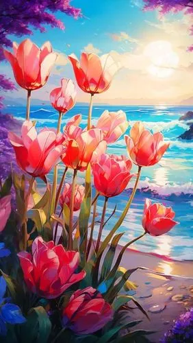 splendor of flowers,flower background,flower painting,pink tulips,tulip background,landscape background,springtime background,colorful background,landscape rose,beach landscape,floral background,pink 