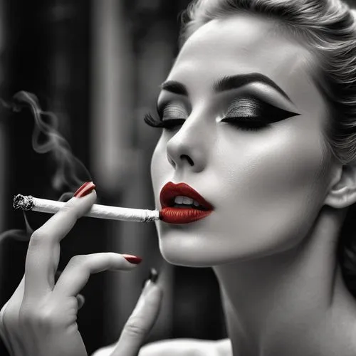 red lipstick,red lips,cigarette girl,vintage makeup,girl smoke cigarette,smoking girl,lipstick,rouge,make-up,pin ups,pin up,red smoke,50's style,pin up girl,lip liner,burning cigarette,cigarette,smoking,marylin monroe,vintage woman