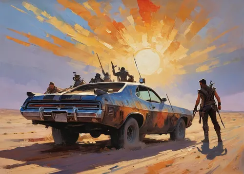 mad max,impala,wasteland,desert safari,chevrolet impala,gas tank,roadrunner,erbore,burning man,renegade,desert run,junkyard,post apocalyptic,nomad,station wagon-station wagon,sci fiction illustration,caravan,desert racing,falcon,retro vehicle,Conceptual Art,Oil color,Oil Color 10