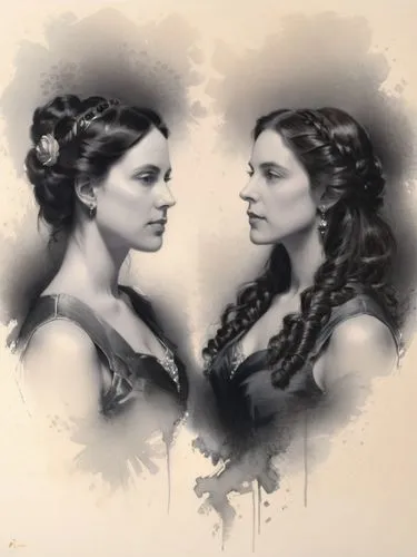 Create a convincing, well-lit double portrait in John Singer Sargent style.,two women are facing each other in this artistic illustration,eretria,begums,magdelena,seana,mirror image,countesses,Photogr