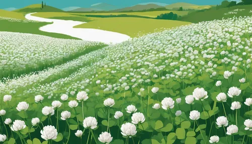 Imagine a serene painting of white clover in a countryside.,cotton grass,lilly of the valley,chives field,blooming field,meadow in pastel,clover meadow,lily of the field,stitchwort,flower field,white 