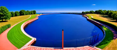 Greenwich Meridian Line, daytime, clear sky, blue tone, Prime Meridian monument, metal rod, astronomical observatory, brick building, English landscape, summer season, sunny weather, high angle shot, 