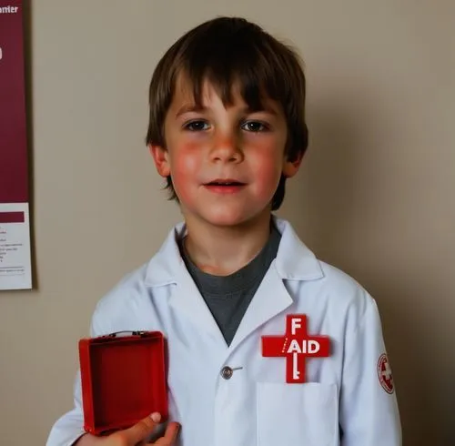 Un niño vestido como un médico, de alrededor de 8 años, con una bata blanca y un estetoscopio alrededor de su cuello. El niño sostiene un pequeño maletín de primeros auxilios rojo, que tiene una cruz 