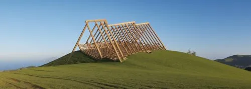 chair in field,grass roof,bamboo frame,snohetta,messner,cube stilt houses,skijump,jeju island,kofun,straw hut,dog house frame,wooden construction,cubic house,wooden ladder,viriya,observation tower,quadriennale,teshima,wooden frame construction,jeju,Photography,General,Realistic