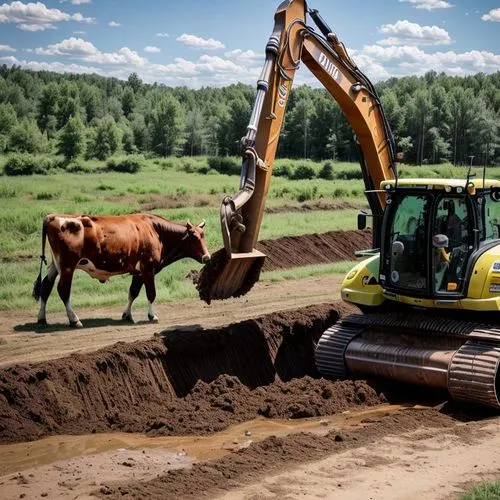 Vaca dentro de pá de trator,  salvamento ,digging equipment,earthmoving,earthwork,earthmover,earthmovers,excavating,backfilling,two-way excavator,heavy equipment,topsoil,excavation work,compaction,bul