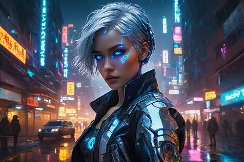 Margo AI, futuristic cyborg, solo, beautiful detailed eyes, glowing blue circuitry, short silver hair, metallic skin, leather jacket, torn jeans, heavy boots, robotic arms, standing, cityscape, neon l