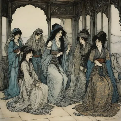 women's novels,muharem,rhinemaidens,maidens,foundresses,arthur rackham,noblewomen,priestesses,countesses,dressmakers,edwardians,handmaidens,young women,spinsters,courtiers,deaconesses,embroiderers,widows,dieckmann,duchesses,Illustration,Retro,Retro 25