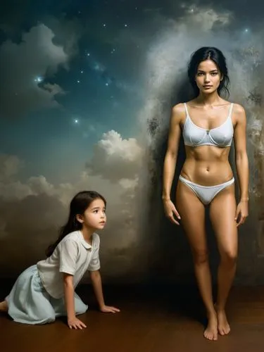 A father and his daughter.,a painting of two sisters,little girl and mother,photo manipulation,photoshop manipulation,la nascita di venere,photomanipulation,matriarchy