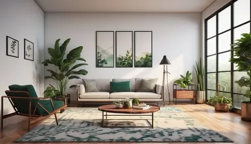 living room,livingroom,sitting room,modern decor,green living,apartment lounge,home interior,contemporary decor,mid century modern,house plants,furnishings,modern minimalist lounge,modern room,interior decor,sofa set,interior design,loft,sunroom,houseplants,an apartment,Illustration,Retro,Retro 10