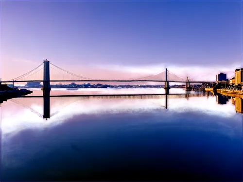 Francis Scott Key Bridge, suspension bridge, Baltimore cityscape, blue water reflection, Maryland flag waving, steel arches, white pedestrian walkway, morning fog, warm sunlight, panoramic view, high-