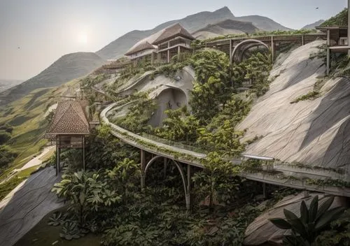 maya civilization,mountain settlement,tigers nest,futuristic landscape,karst landscape,asian architecture,dragon bridge,eco-construction,mountain highway,rice terrace,vietnam,mountain pass,mountain village,roof landscape,mountain road,chinese architecture,building valley,hanging houses,da nang,fantasy landscape,Architecture,Villa Residence,Modern,Natural Sustainability