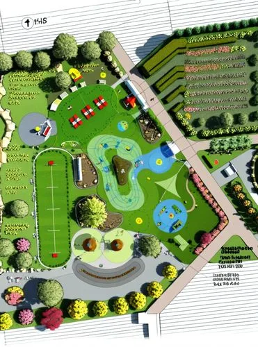 This is a concept sketch for a children's park. Fill in playground features realistically using the outlines and create landscape areas surrounding the park and playground amenities.,a plan for an ope