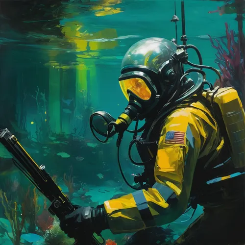 scuba,underwater background,aquanaut,scuba diving,underwater diving,underwater landscape,dry suit,submersible,underwater,aquatic,undersea,diving equipment,under the water,marine tank,aquatic life,diver,snorkel,under water,kelp,deep sea diving,Conceptual Art,Oil color,Oil Color 01