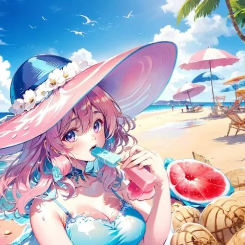 beach background,summer background,anime girl,popsicle,summer,anime