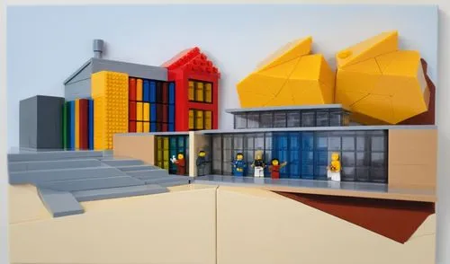 SP+A style architecture, modern
 library art galley framed paintings, minifigs,   Rendered in style of lego,gemeentemuseum,sottsass,lego building blocks pattern,lego building blocks,boijmans,lego past