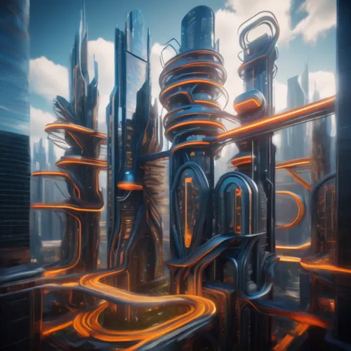 futuristic landscape,metropolis,futuristic architecture,fantasy city,futuristic,cinema 4d,scifi,cityscape,fractal environment,dystopian,sci fiction illustration,electric tower,cyberspace,solar cell ba