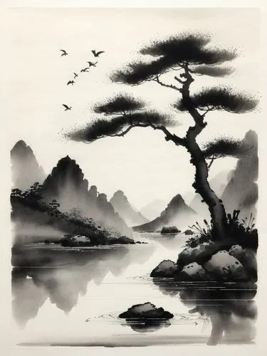 ink painting of tree with birds flying over the water,baishi,watercolor pine tree,lonetree,ink painting,jianfeng,zhuangzi,Illustration,Paper based,Paper Based 30