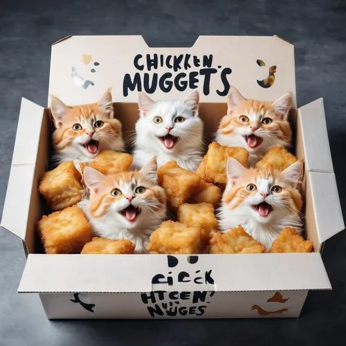  A box of chicken nuggets with happy funny feline faces. One of the chicken nuggets is bathing in the dip. Text: "KITTEN NUGGETS",chicken nuggets,cheese cubes,nuggets,mcdonald's chicken mcnuggets,chee