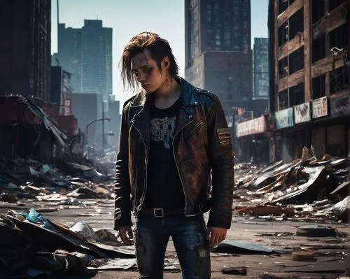 Abandoned cityscape, Deadass Origin, post-apocalyptic atmosphere, crumbling skyscrapers, broken neon signs, trash-filled streets, a lone figure in the distance, worn leather jacket, ripped jeans, mess