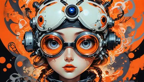 robot eye,biomechanical,cyborg,cybernetics,cyber,diving mask,robotic,cyber glasses,transistor,scifi,streampunk,sci fiction illustration,steampunk,goggles,fire pearl,fire siren,vector girl,respirator,diving bell,molten,Illustration,Black and White,Black and White 05